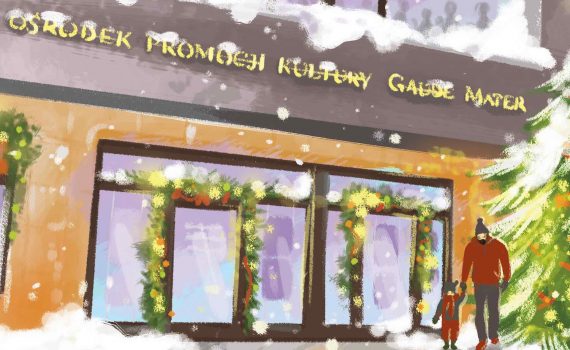 rysunek przedstawiający budynek instytucji, z napisem u góry, mężczyzną z dzieckiem i choinką po prawej stronie