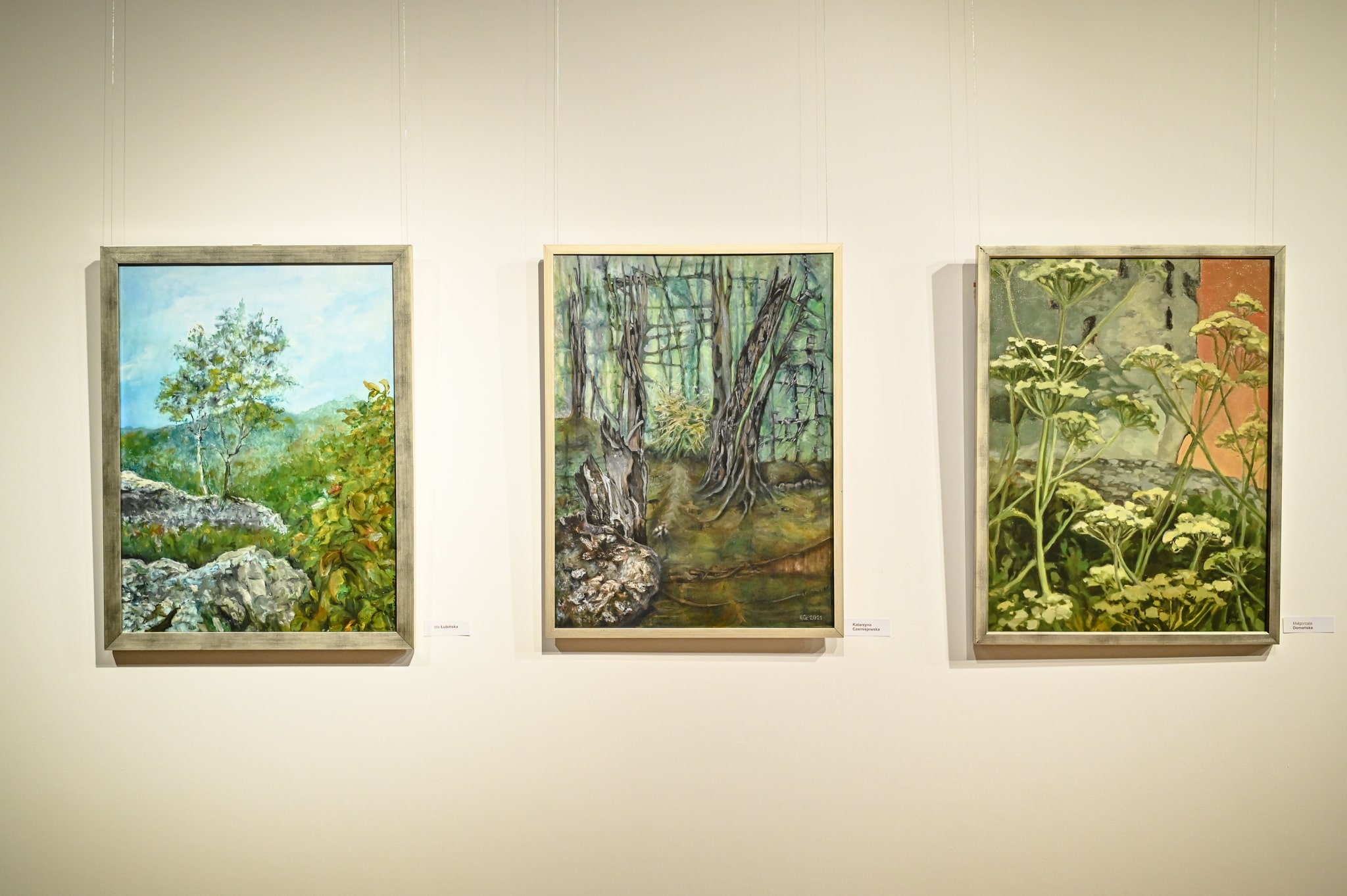 trzy obrazy malarstwie zawieszone na ścianie w galerii sztuki