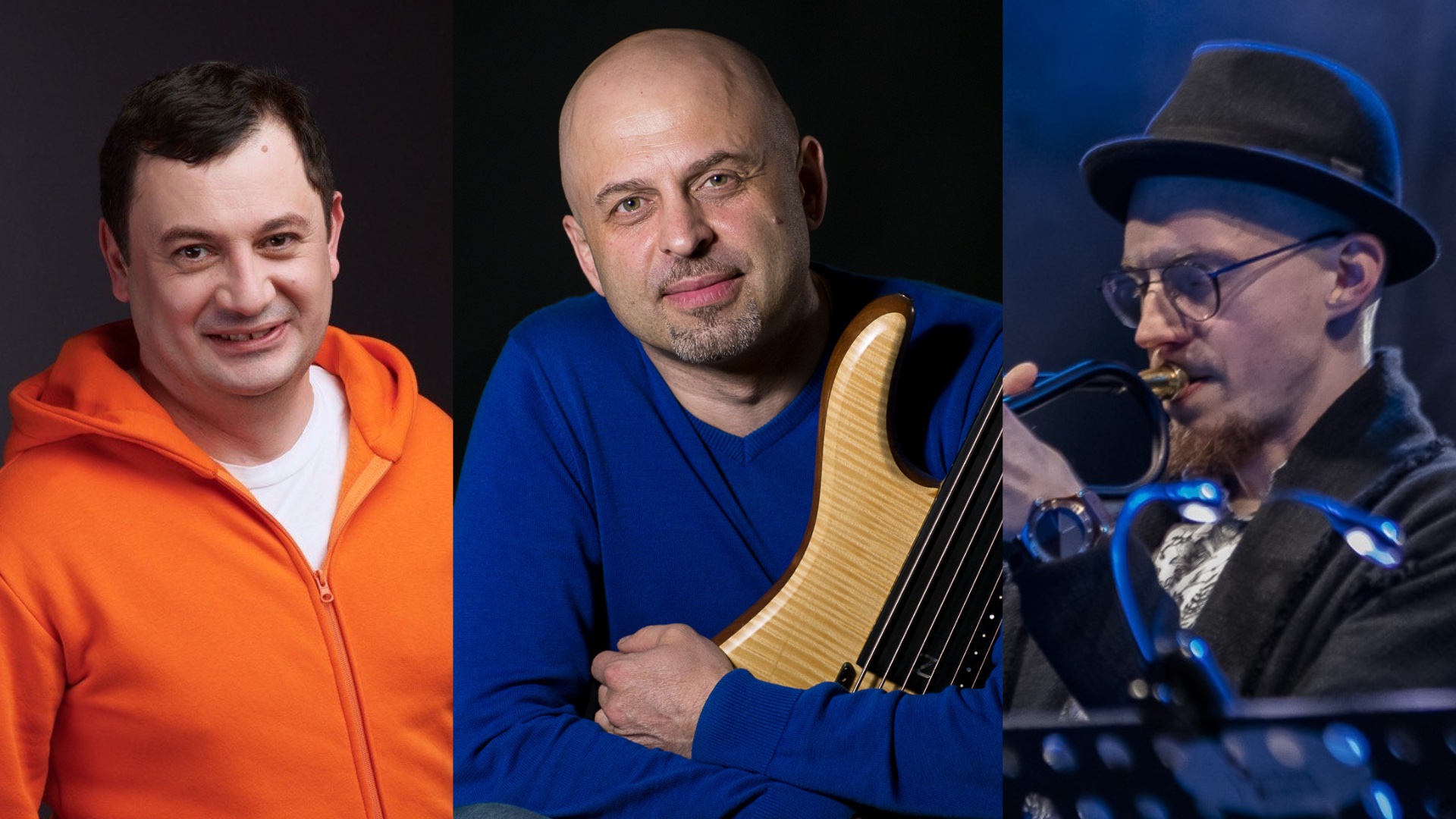 kolaż trzech fotografii przedstawiających kolejno od lewej: Useina Bekirova, Igora Zakusa trzymającego gitarę basową oraz Piotra Schmidta grającego na trąbce