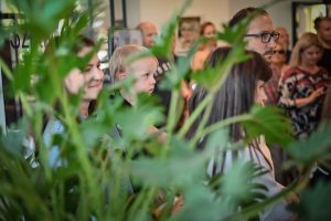 na pierwszym planie zielona roślina, w tle osoby zgromadzone na wydarzeniu kulturalnym w instytucji kultury