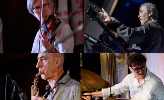 kolaż czterech fotografii z muzykami zespołu Labirynt kolejno Henryk Gembalski grający na skrzypcach Krzysztof Majchrzak grający na gitarze basowej Tom Bergeron grający na saksofonie oraz Adam Buczek grający na perkusji