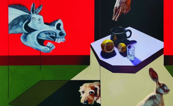 fragment reprodukcji obrazu artura wawrzkiewicza przedstawiającego głowę konia psa i zająca